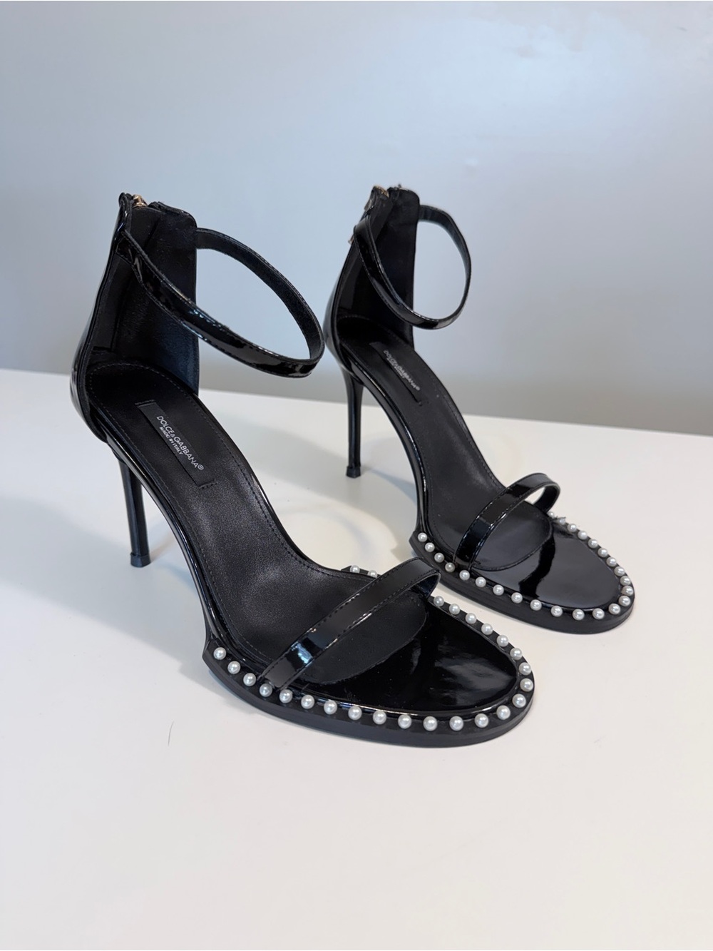 Dolce & Gabbanna Style Pearl Embellished Black Stiletto